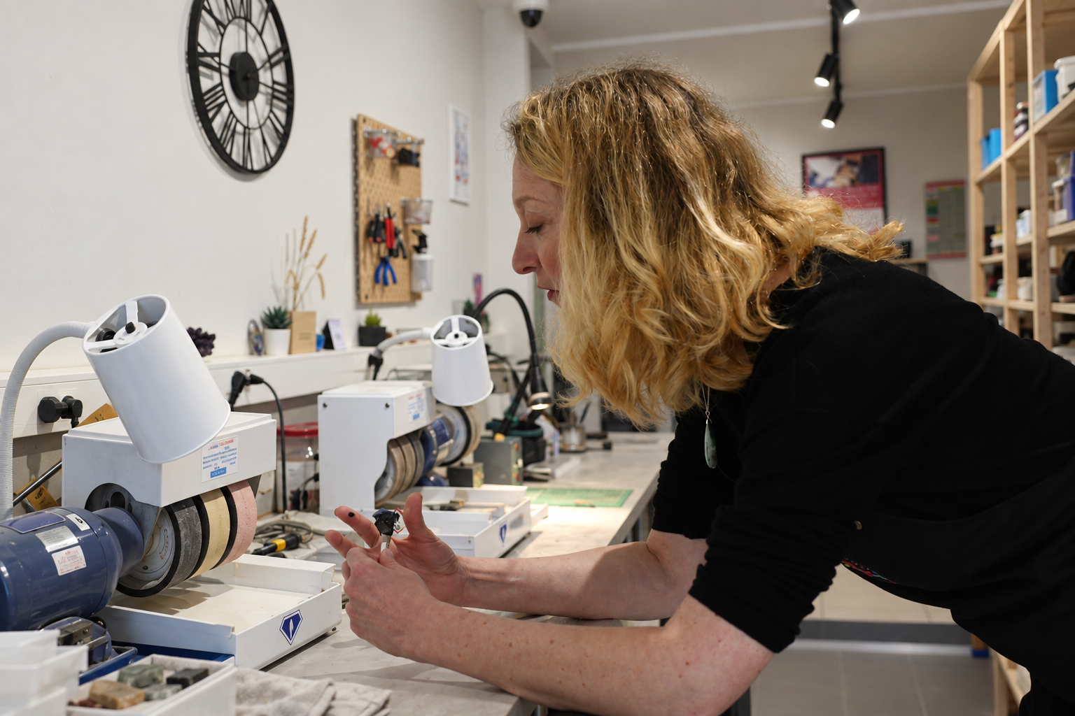Céline Guillon travaille une pierre à la meule dans son atelier.